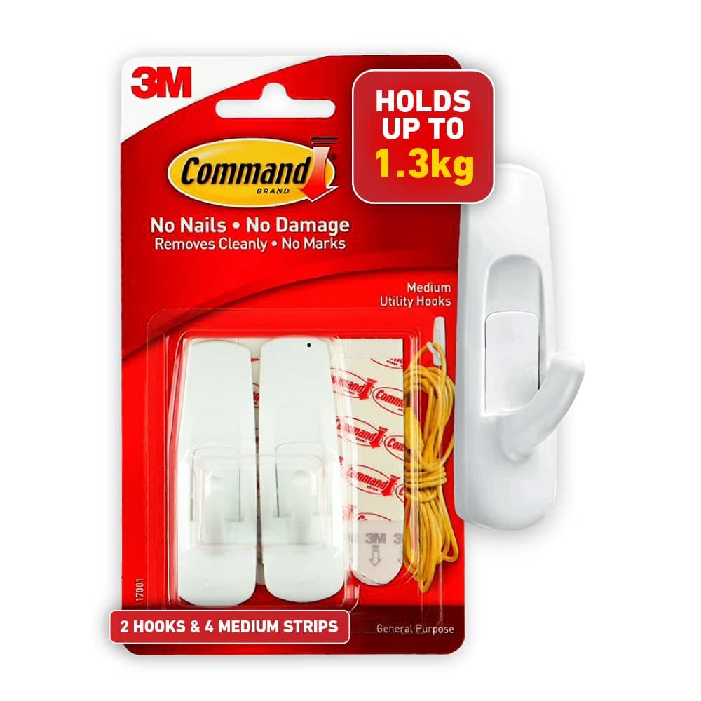 Command Utility Medium Hooks White color, 2 hooks + 4 strips/pack | Holds 1.36 kg each hook| Organize | Decoration | No Tools | Holds Strongly | Damage-Free Hanging