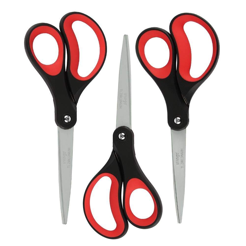 LIVINGO 8“ Scissors All Purpose 3-Pack, Titanium Ultra Sharp for Office Home School Sewing Fabric Craft Supplies, Premium Stainless Steel, Comfort Grip(Red/Black)