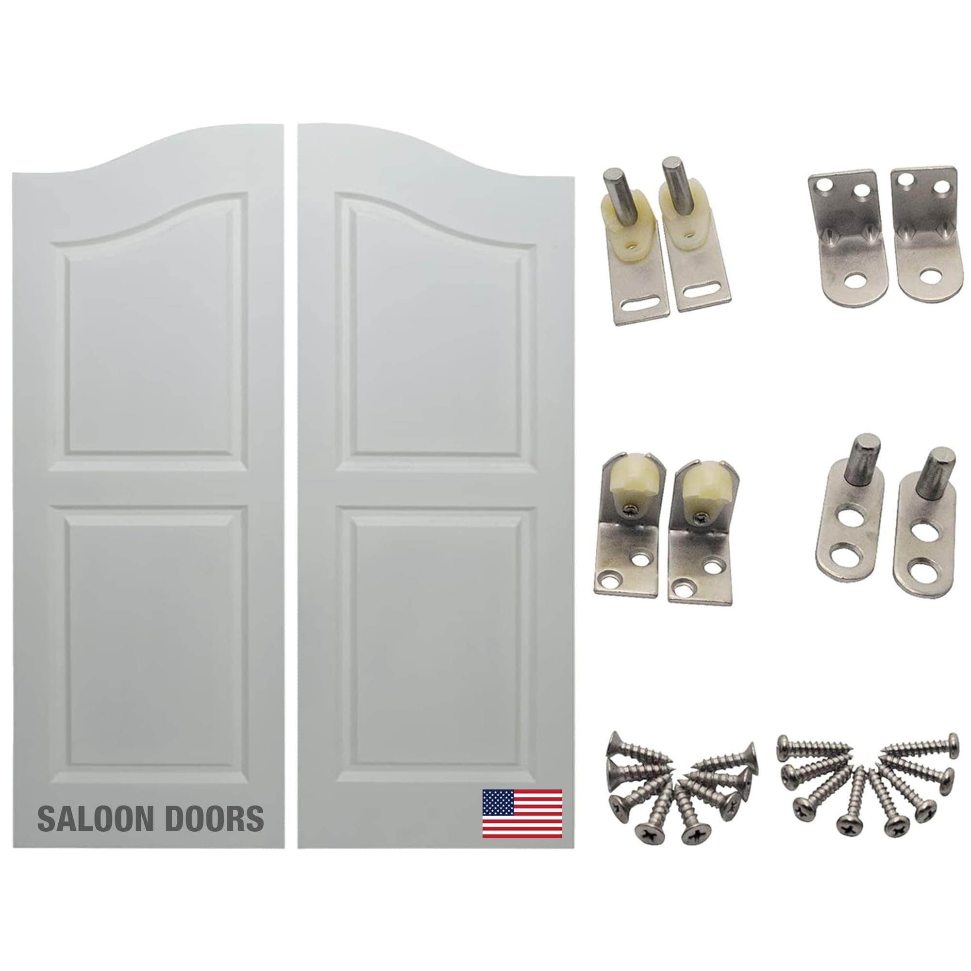 SWINGING CAFE DOORS Arched Top Saloon Doors – Interior Double Action Door for 30", 32", & 36" Openings, Primed & Ready to Paint, 42" Height, 3/4" Thick, Satin Chrome Finish