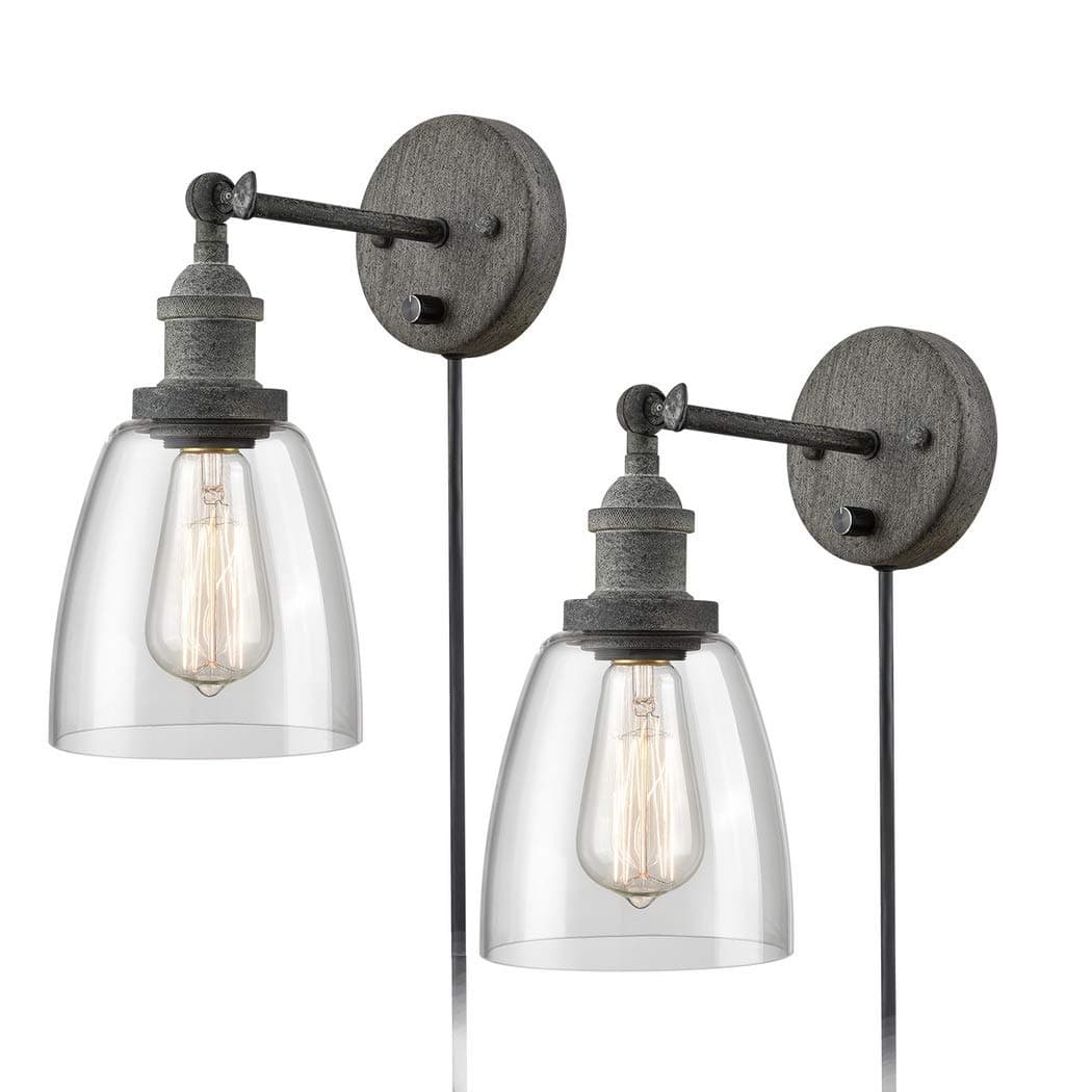 CLAXY Swing Arm Glass Wall Sconces Rustic Mycete Hardwired & Plug-in Wall Light Fixture-2 Pack