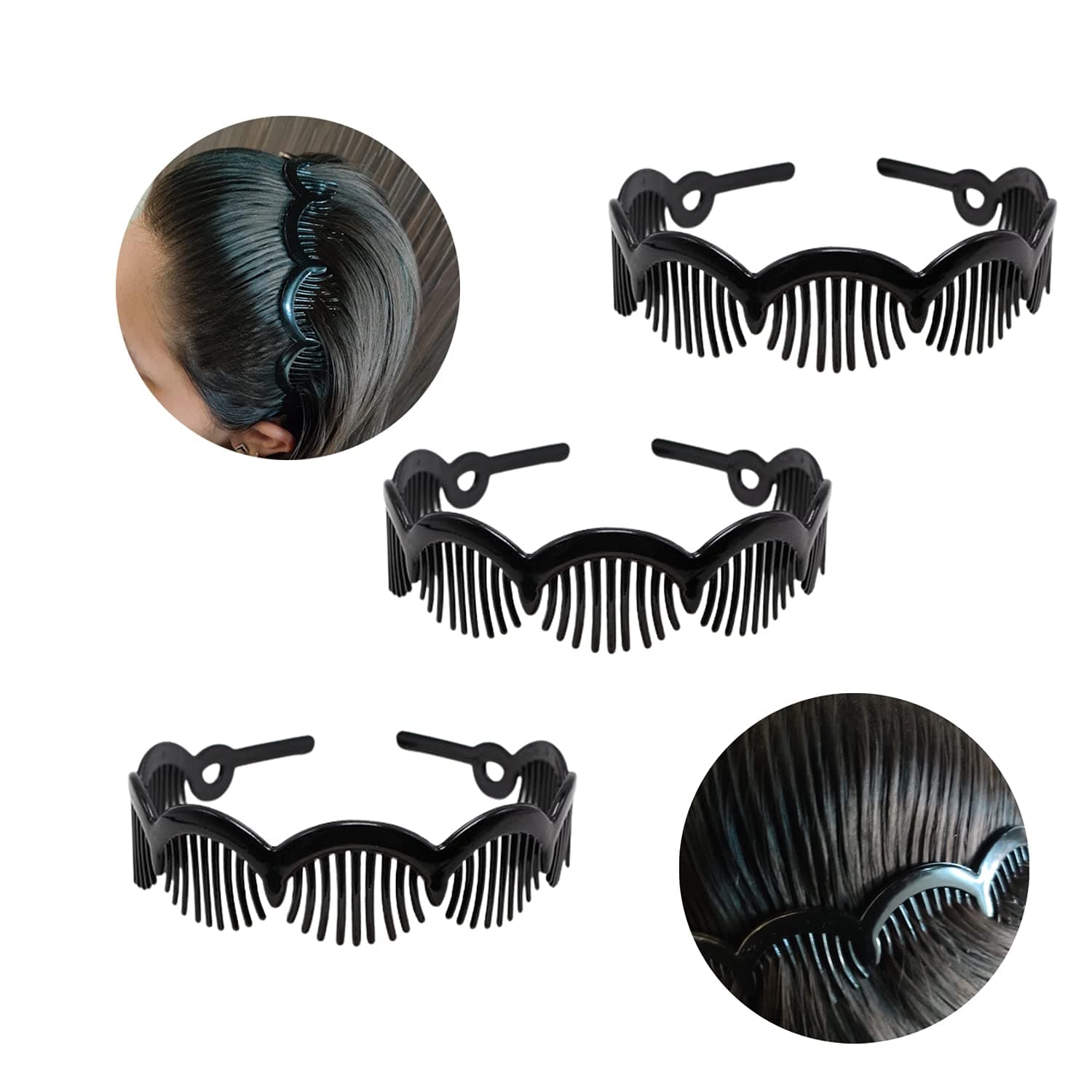 Evogirl Headband Plastic Good Grip Curve Waves Jaw GripTooth Black for Men/Women/Girls,3 Pk