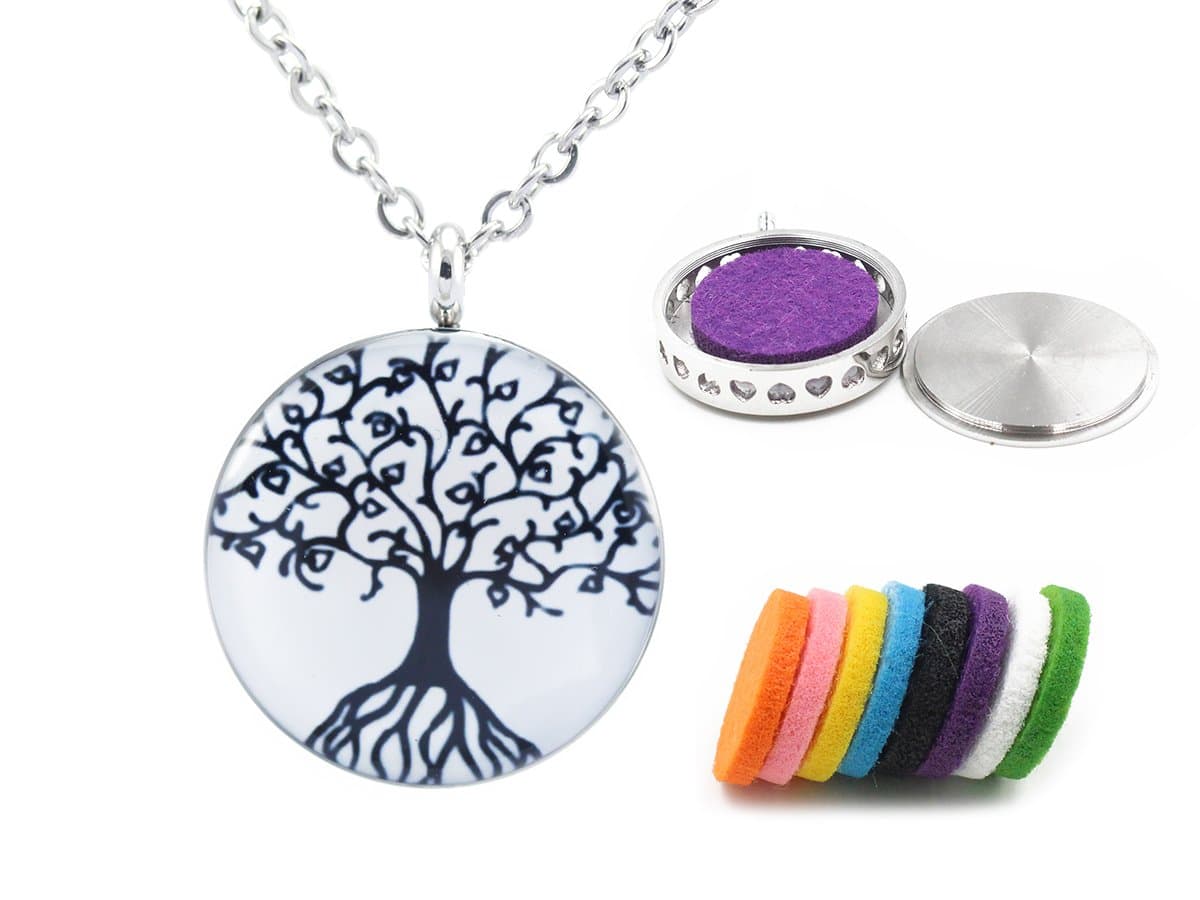 Diffuser Necklace Aromatherapy Essential Oil Locket Stainless Steel Epoxy Perfume Fragrance Pendant for Women Wiith 8 Refill Pads (Tree of Life)