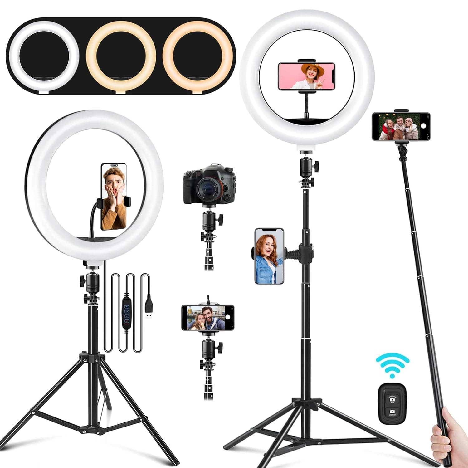 Angju LED Selfie Ring Light with Stand, 26cm Selfie Ring Light with 172cm Adjustable Tripod Stand, Dimmable LED Ring Light Kit for Tiktok/YouTube/Makeup/Photography,Selfie Stick and Ring Light 2 in 1