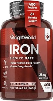 WeightWorld Chelated Iron Bisglycinate 28mg Tablets for Blood Health & Energy (6-Month Supply) - Gentle Iron Supplement Vegan - 400 Tablets - Ferrous Bisglycinate for Women & Men - Non-GMO