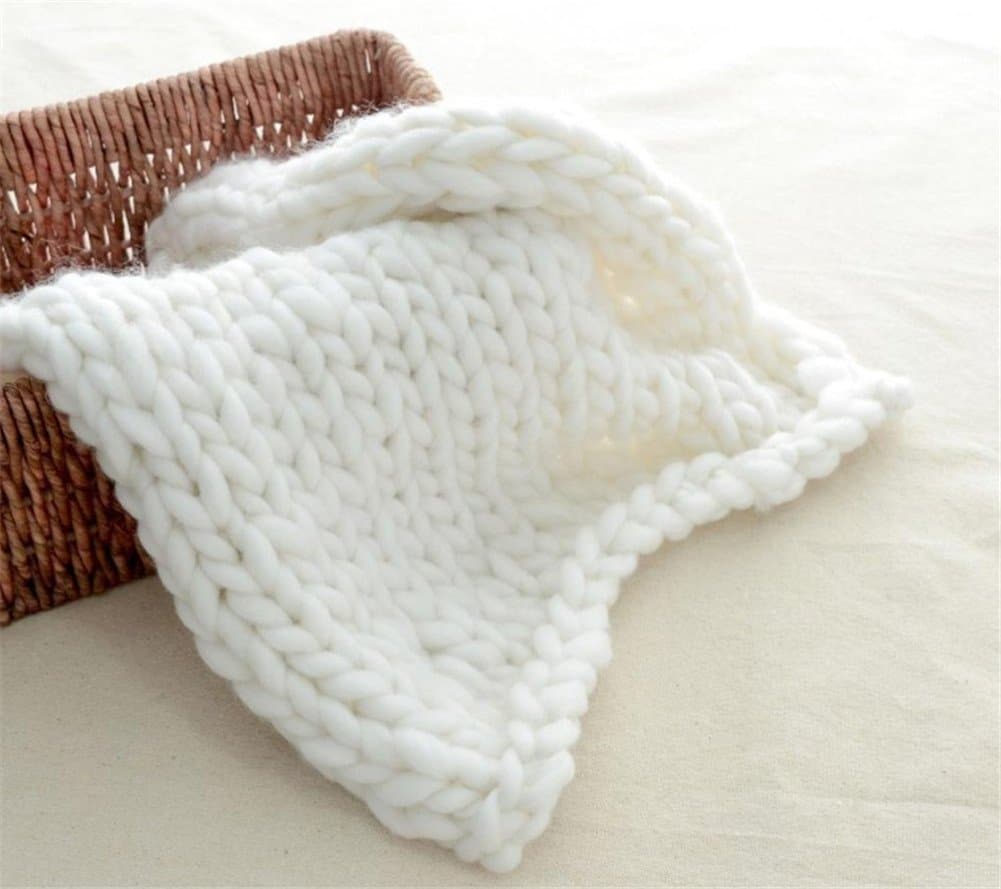 Chunky Wool Blanket Hat Blanket Crochet Arm Kniting Bed Throw Giant Yarn Super Bulky Knitted plaid Knit Thick Anniversary Housewarming Gift (20 x 30 inches (51 cm x 76 cm) - Baby Blanket, white)