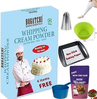 - BOGATCHI Whipping Cream Powder, Tasty | Non GMO | Gluten Free, Whipping Cream for Cakes, Muffins, Cup Cakes, Tarts, Coffee, 180g , Free Measuring Spoon