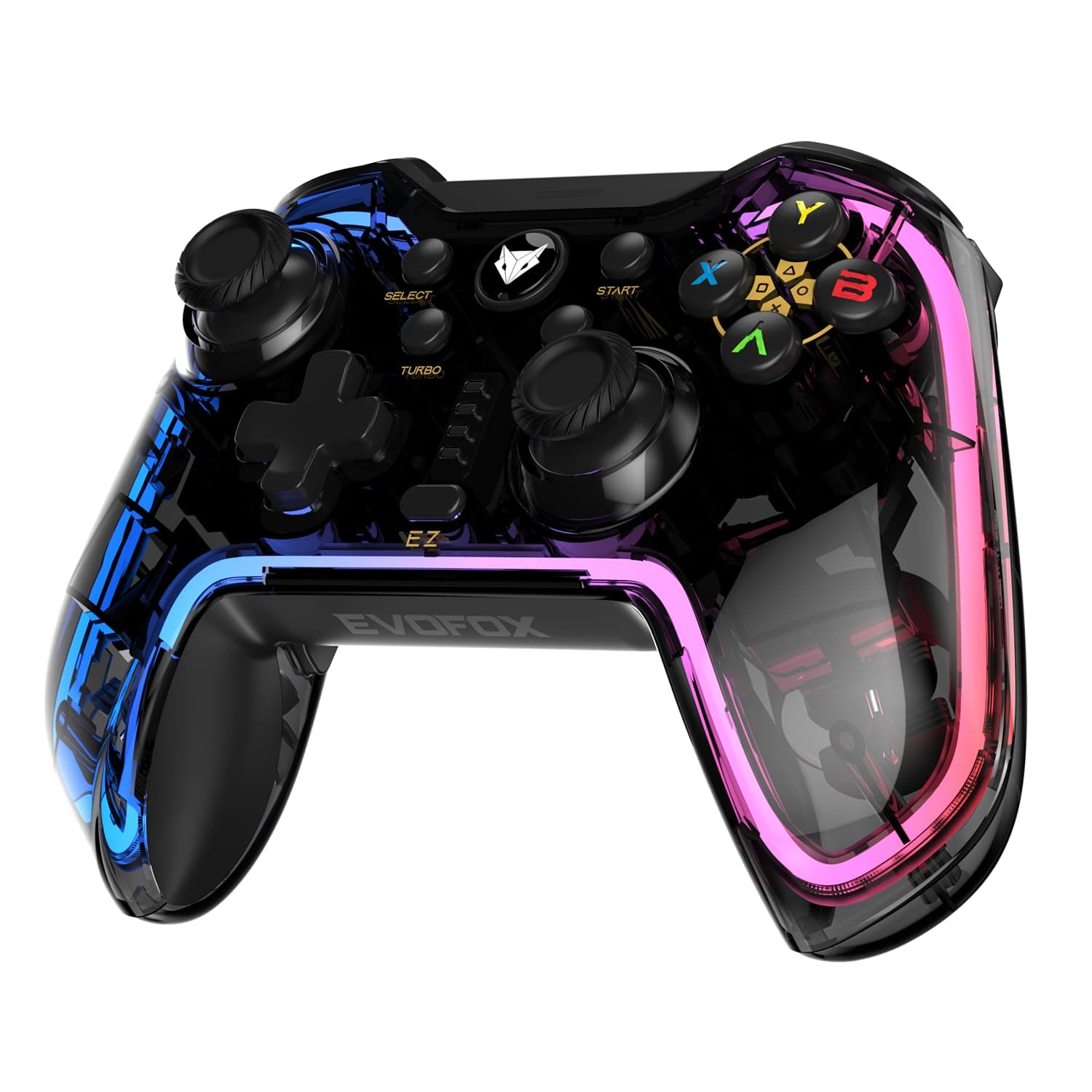 EvoFox One Universal Bluetooth Gaming Controller For PC, iOS, iPadOS, Android and PS4, Dynamic Rgb Lights, Transparent Design Gamepad, Programable Buttons, Turbo Mode with The Dojo App, Detachable Mobile Clamp, and More