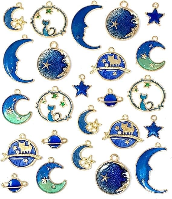 PSKIES Assorted Gold Plated Enamel Cat Moon Star Celestial Charm Pendant DIY for Earrings Necklace Bracelet Jewelry Making and Crafting