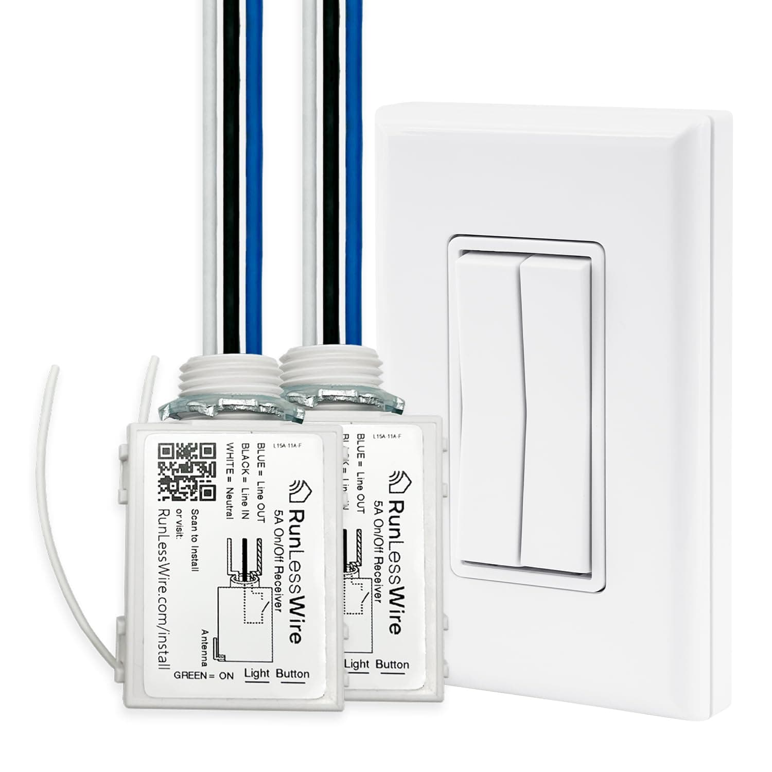 RunLessWire Fan & Light Battery-Free DIY Wireless Light Switch Kit 150ftRF Range Kinetic for Bathrooms & Ceiling Fans: 1 Dual Remote Switch Controls 2 5A On/Off Receivers Separately – White