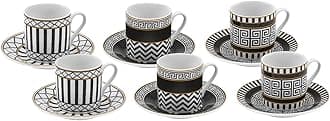 KARACA Helenistic Turkish Coffee Cups Set for 6, 12 Piece Porcelain Espresso Cups with Saucers, 80ML Demitasse Coffee Set, Black, Modern Elegant Design for Home & Gift