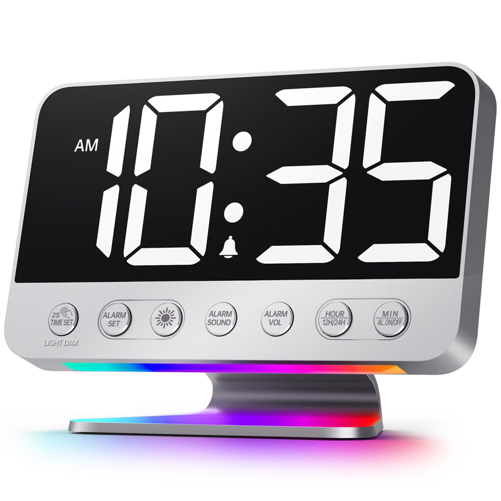 Digital Alarm Clock for Bedroom: Large Bold Number 5 Brightness Dimmer - Easy to Read Across The Room - 5 Wake Up Sound 8 Night Light - Silver