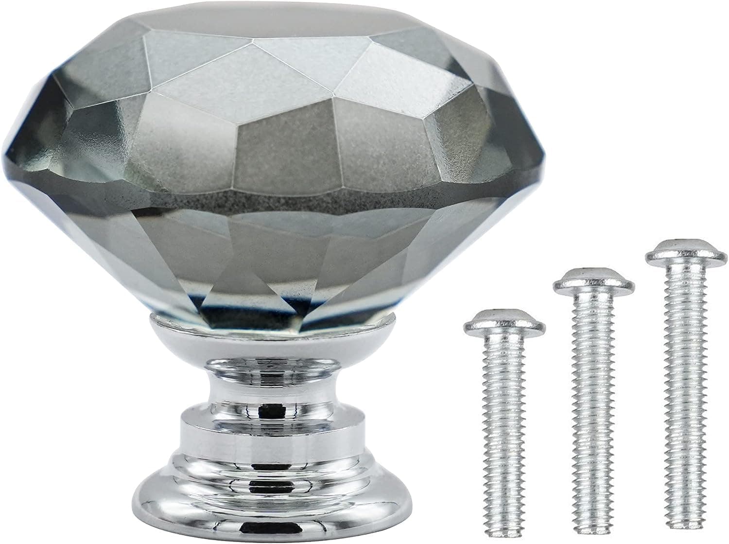 4 Pack 30mm Crystal Glass Cabinet Door Knobs Wardrobe Cupboard Dresser Drawer Pull Handles (Grey Diamond + Chrome Base) with Screws in 3 Sizes
