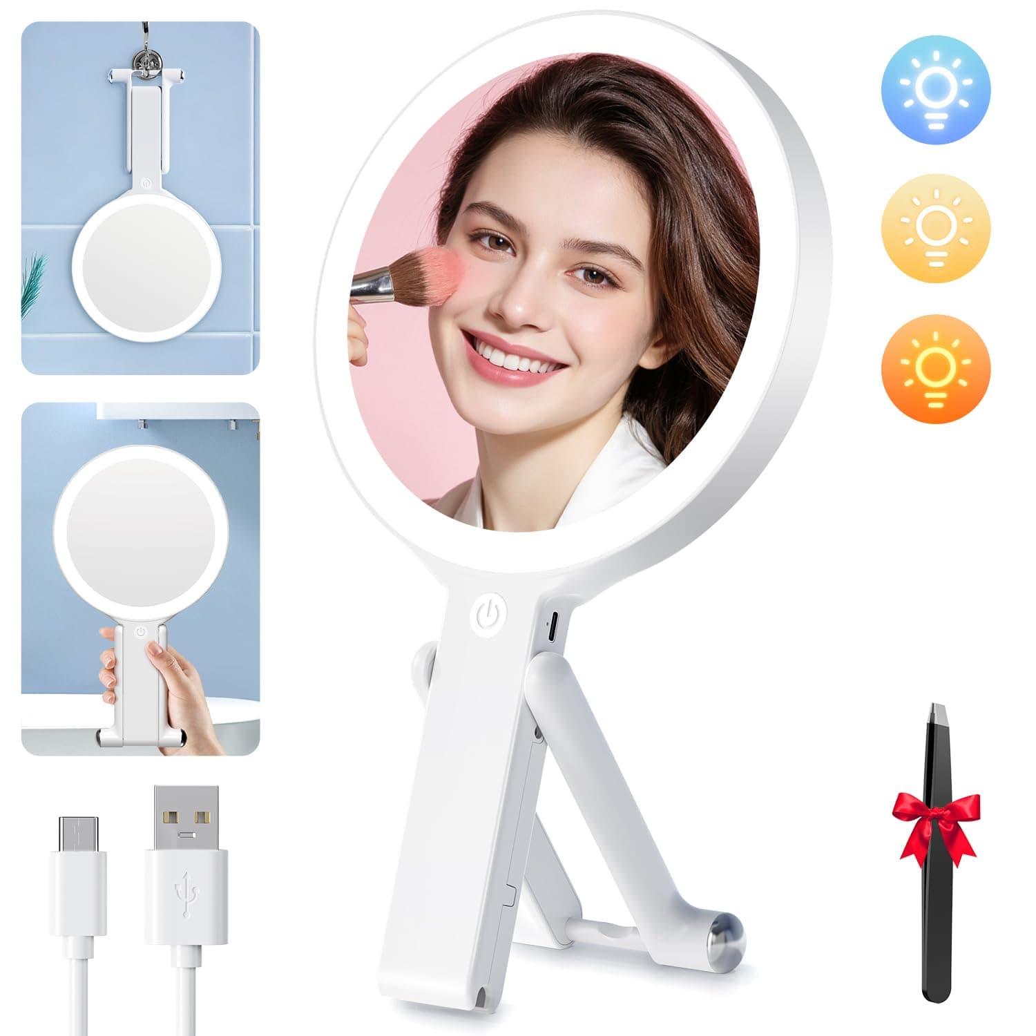 Auxmir Hand Mirror, Double-Sided 1X/10X Magnifying Mirror with Handle, Professional Salon Barber Hairdressing Handheld Mirror, White 18cm x 28.5cm (7.2" x 11.2")