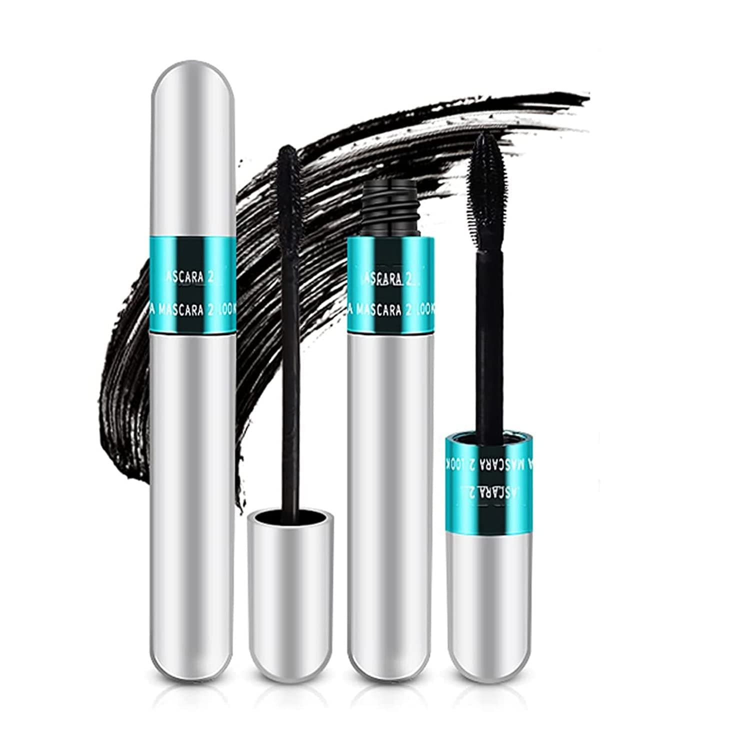 2 Pack 2 in 1 Mascara 5x Longer Waterproof Lash Cosmetics Natural Lengthening and Thickening Effect No Clumping Superstrong Magic 4d Silk Fiber For Vibely Mascara Makeup (2 Pack)