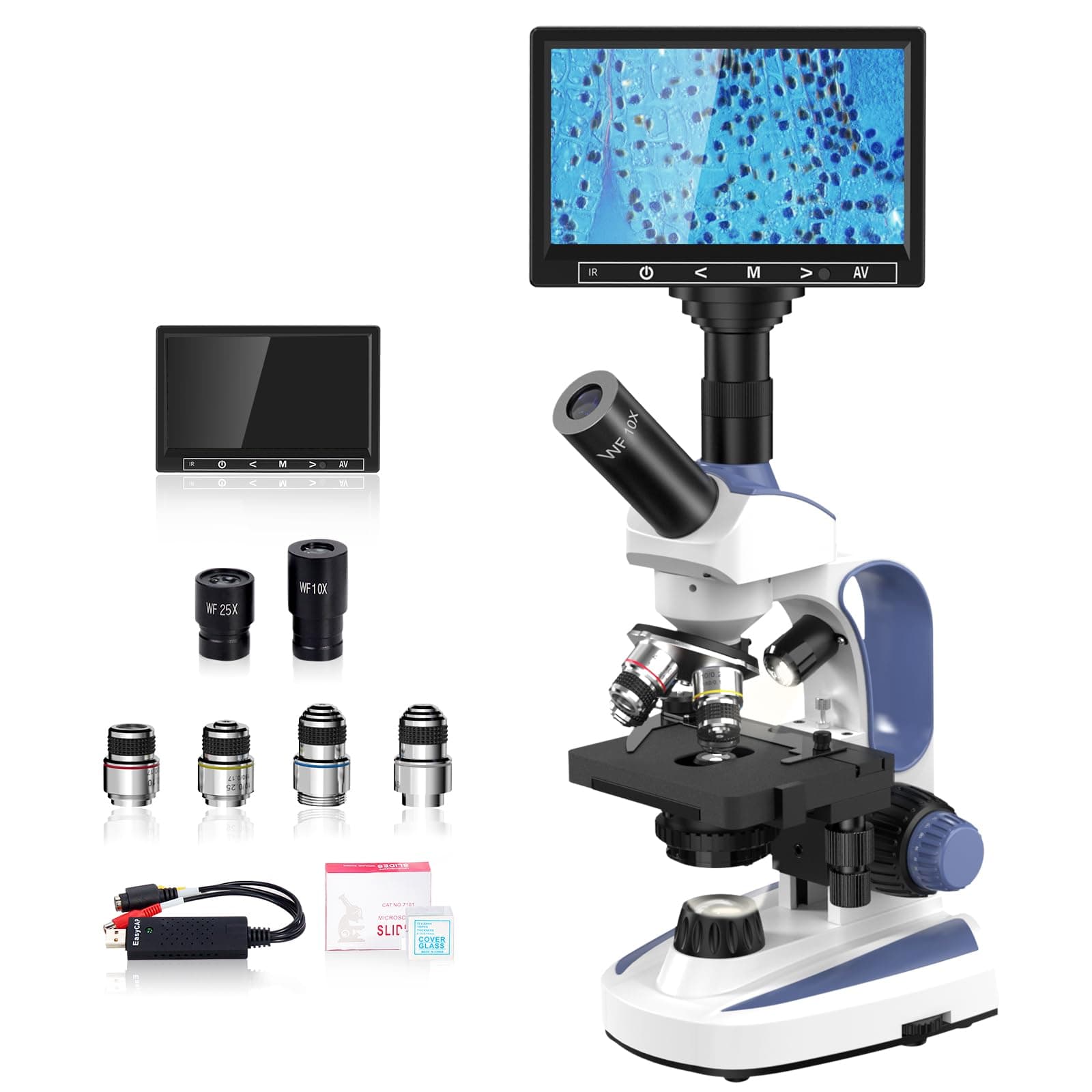 Upgrade Lab Compound Monocular Microscope with 40X-2500X, Dual-View Microscope for Adults, Wide-Field 10X and 25X Eyepieces, Dual Illumination, Built-in 5MP Camera with 7’’ LCD Screen, Abbe Condenser