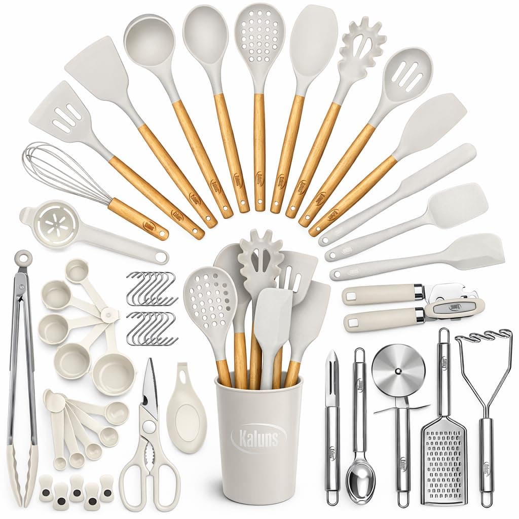 Kaluns 50 PCS Silicone Kitchen Utensils Set Complete Kitchen Set - 800°F Heat Resistant Non-Stick Premium Cooking Utensils W Wooden Handles - Can Opener, Masher, Turner, Silicone Spatula Set