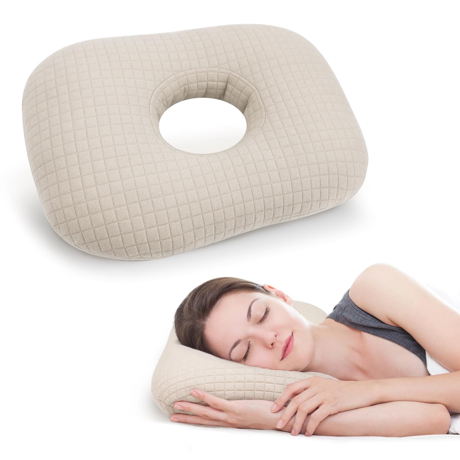 Piercing Pillow, Perforated Ear Pillows with Ear Hole,Ear Piercing Pillow Ear Guard Inflammation Pressure Sores Pain Relief Sleeping Pillow for CNH Side Sleepers (Beige)
