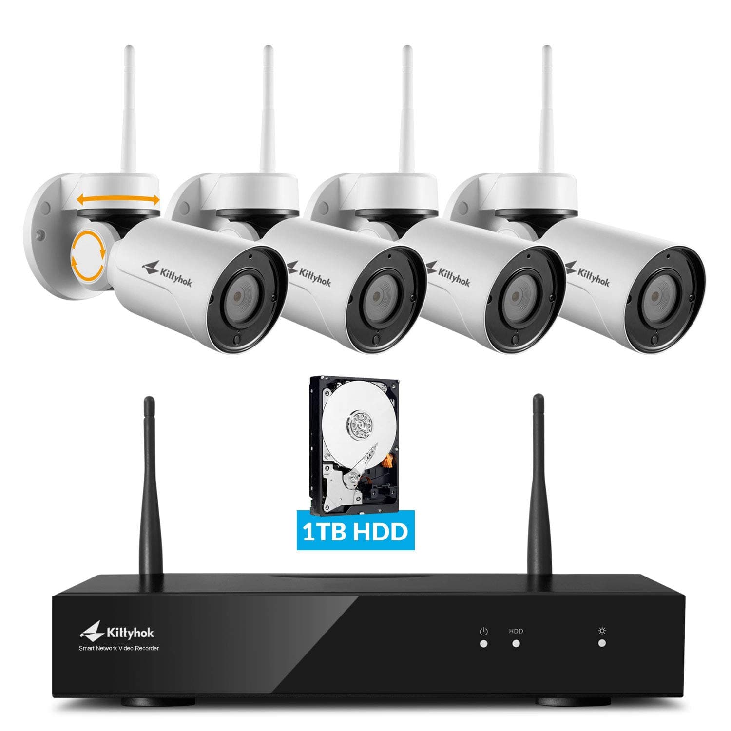 Pan Tilt Wireless Security Camera System with 1TB Hard Drive and Audio, 8CH 4pcs 1080p PTZ Wifi Camera Outdoor/Indoor, 100ft Night Vision, Weatherproof, Motion Detection, Remote Access
