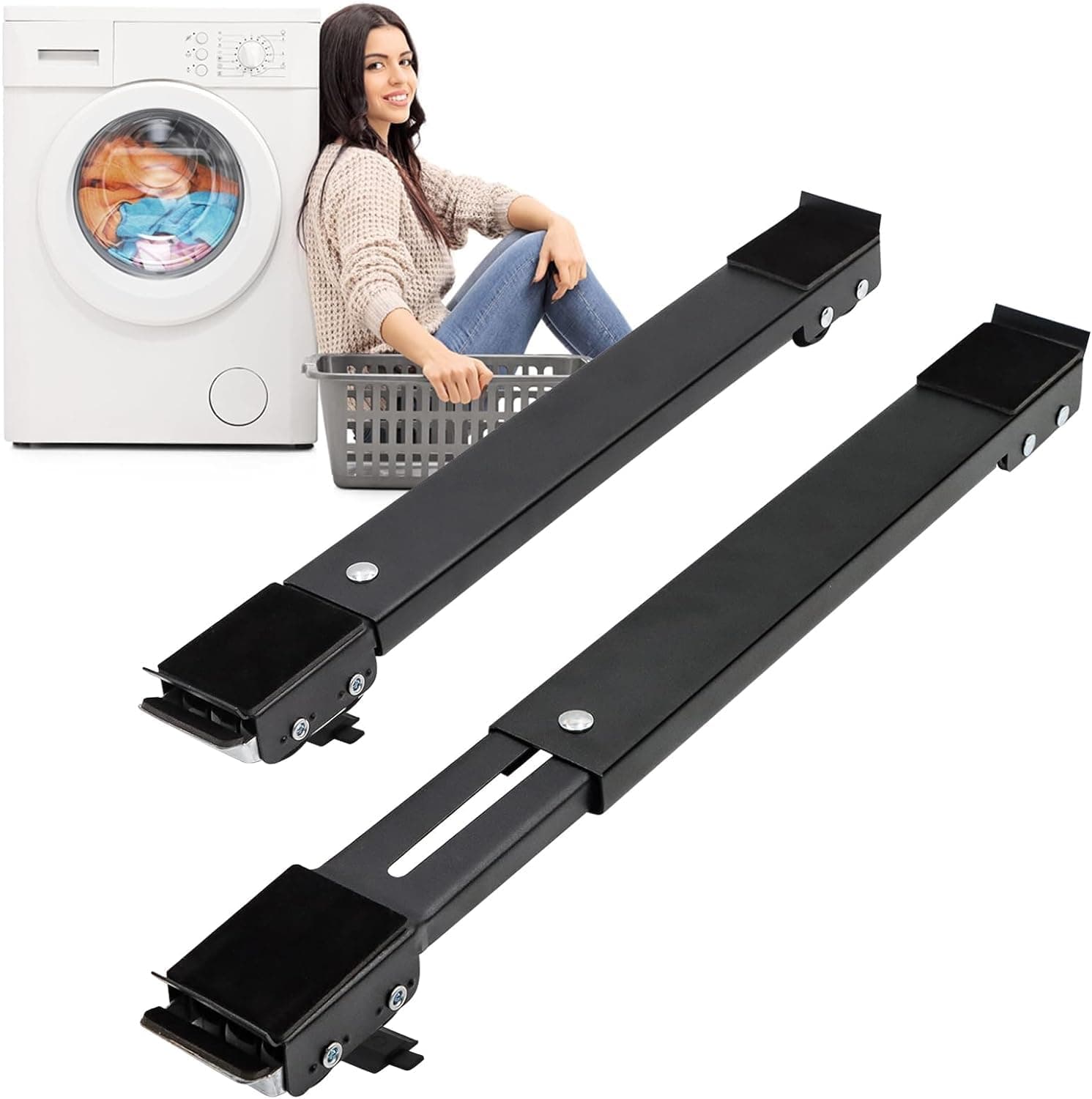 BBAUER Extendable Furniture Appliances Rollers, Mover Tools with 24 Roller & Brake Equipment for Heavy Washing Dryer Machine Refrigerator for Mobile Wheels Strong Base Stand Hold Up to 660 lb (Black)