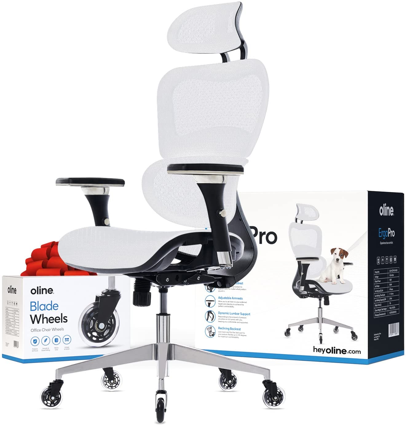 Oline ErgoPro Ergonomic Office Chair with 4D Adjustable Armrest, 3D Lumbar Support and Blade Wheels - Mesh Computer Gaming Rolling Desk Executive Swivel Home Chair (White)