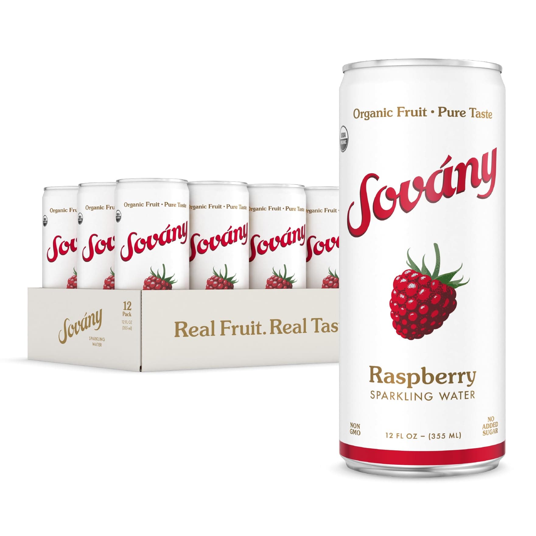 Sovány Sparkling Water, Raspberry, Seltzer Water Drinks, USDA Organic, Made With Real Fruit, Non-GMO, Vegan, No Added Sugar, Low Calorie, 12 fl oz, 12 Pack
