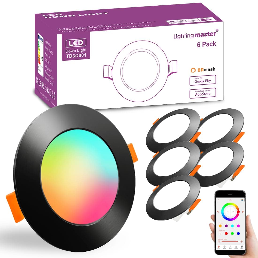 Led Downlights for Ceiling 3 inch 7W for Alexa,Bluetooth Smart Ceiling Spotlights By APP control,Recessed Lights Warm to Daylight White Adjustable - Colour Changing RGB Lights (cutout φ68-85mm) 6pack