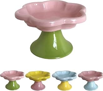 Ceramic Elevated Cat Bowls Flower Dish,Small Raised Dish.Flower Ceramic Raised Bowls for Cats and Small Dogs reducing pet’s Neck Bending and Pressure （Pink Green）