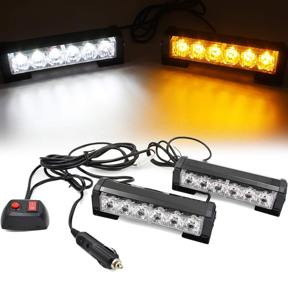 FOXCID 2 X 6 LED 9 Modes Traffic Advisor Emergency Warning Vehicle Strobe Lights for Interior Roof / Dash / Windshield / Grille / Deck Universal Waterproof (White / Amber)