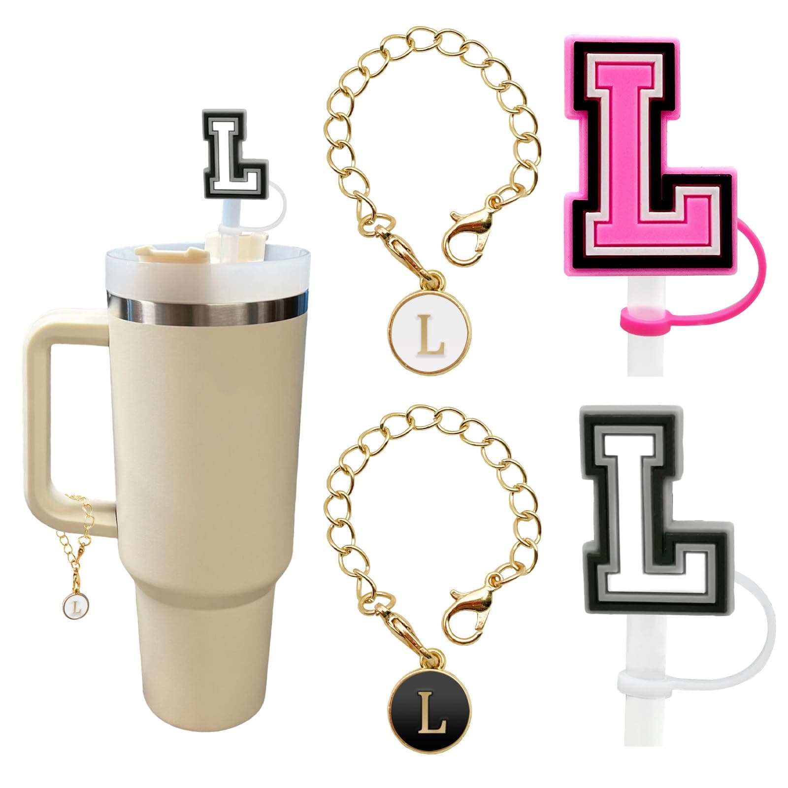 (2+2)2PCS Straw Cover for Stanley Cup 30&40 Oz 10mm Straw Topper with 2PCS Stanley Cup Accessories Letter Charms Name ID Initial Letter Handle Personalized Charm For Stanley Tumbler (Letter L)