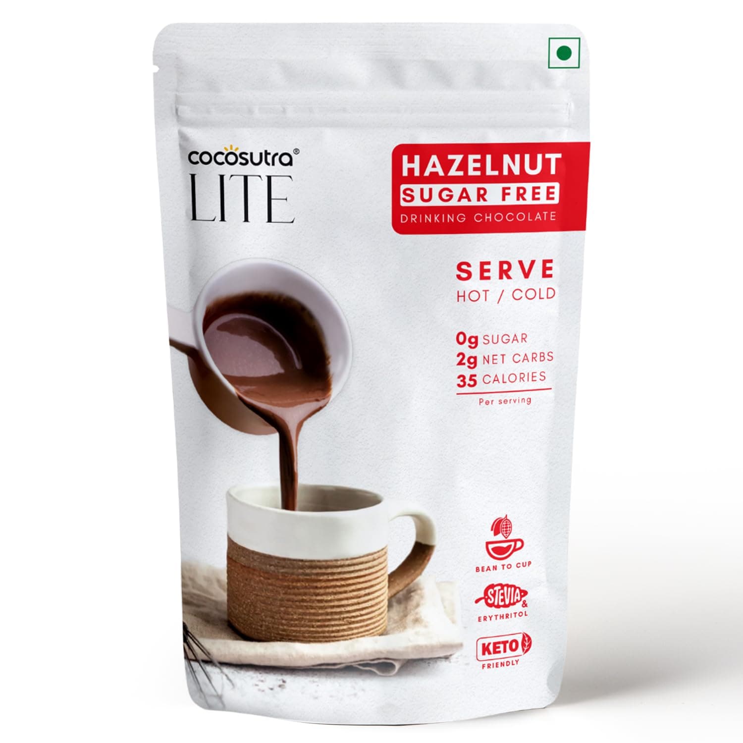 COCOSUTRA SUGAR FREE Drinking Chocolate Mix - Hazelnut | Zero Sugar, Low Carb, Low Calorie | Stevia & Erythritol based | Keto Friendly Hot Chocolate | Enjoy hot or cold | 200 g