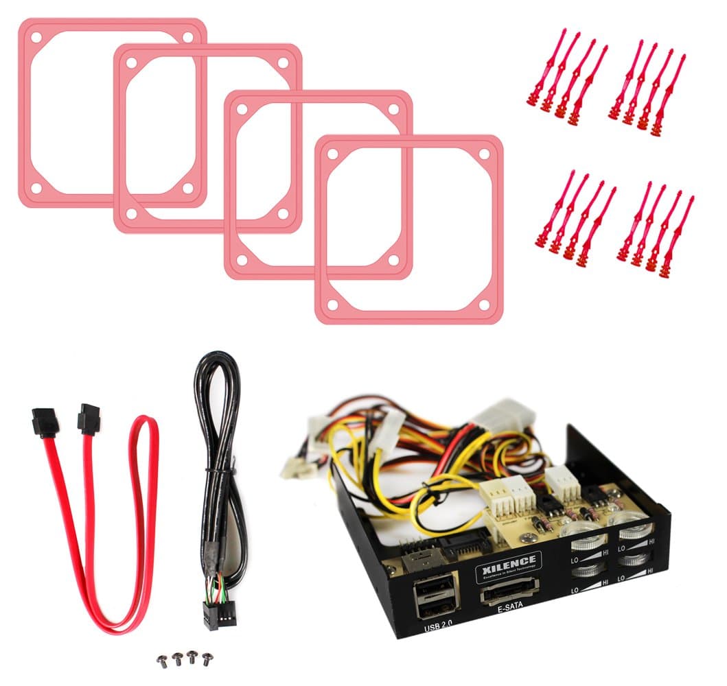 B04-E fan control for 4 fans with eSATA + 2x USB - incl.4x 80mm anti-vibration frame UV red, 16x long rubber decouplers UV red (80mm frame)