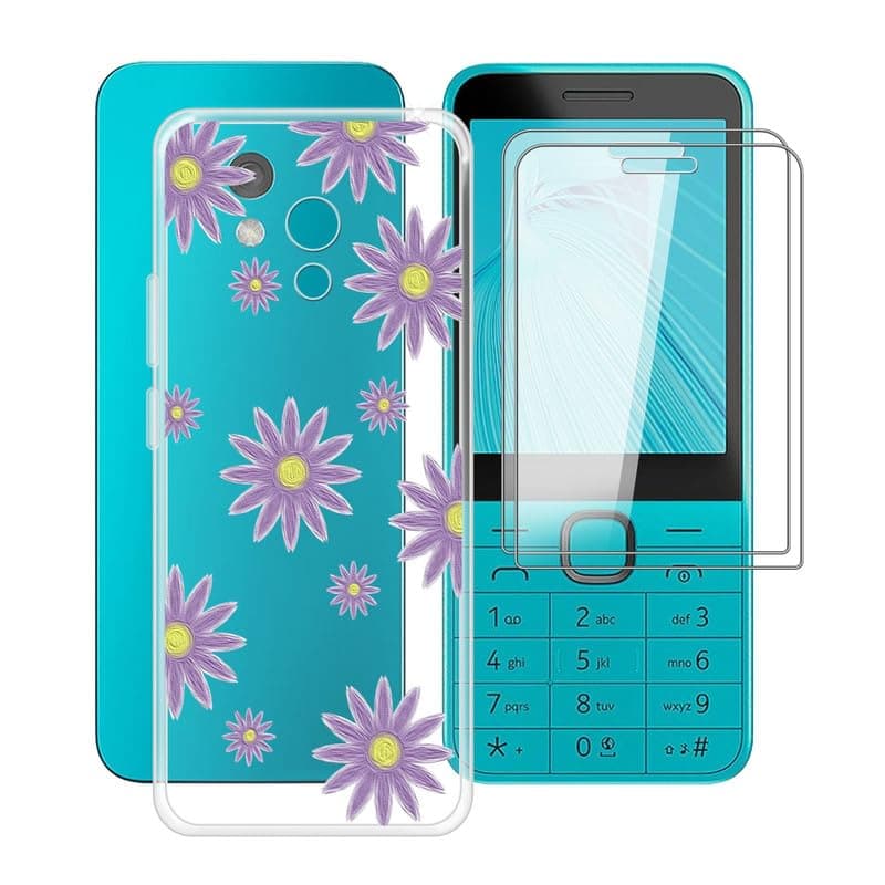 Phone Case for Nokia 235 4G 2024 (2.8") with 2 X Tempered Glass Film, Clear [Anti-Scratch X Shockproof] Soft TPU Bumper Protective Cover for Nokia 235 4G 2024 - Purple Flower