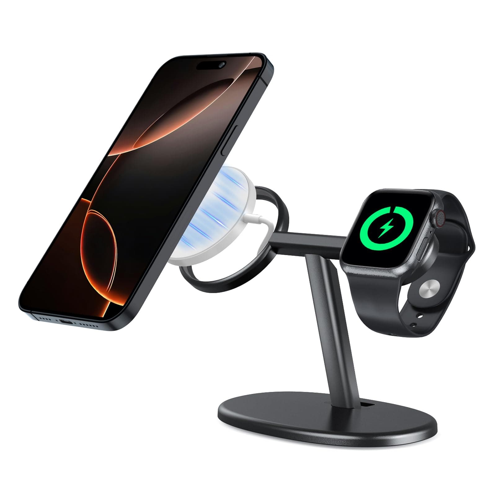 EWA 2-in-1 MagSafe Charging Stand for iPhone 16/15/14/13/12 & Apple Watch Series, SE, Ultral Ergonomic Viewing Angle, Non-Slip Base, Universal Compatibility (Chargers Not Included) - Black