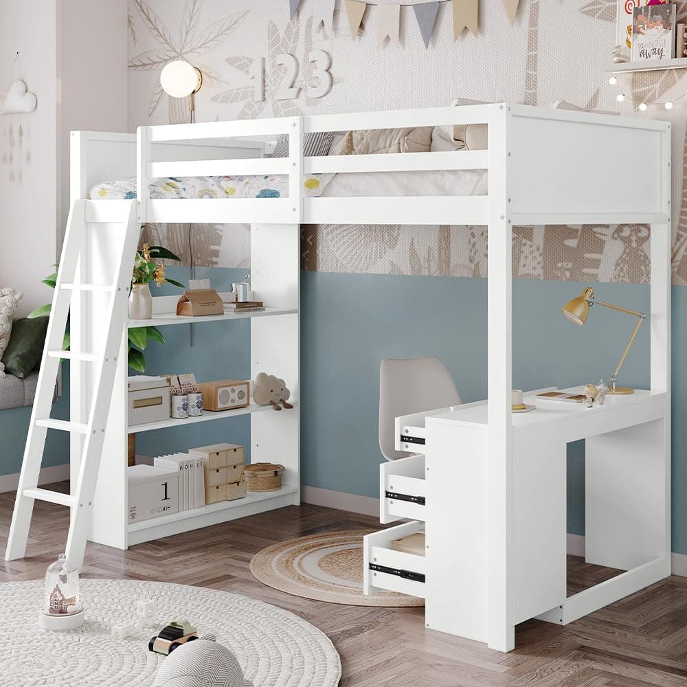 BTM Bunk Bed for Kids, Loft Bed with Desk, 4 Drawers and 4-step Ladder, 3 Rows of Shelves under the Lower Bunk, Multi-Drawer Design,White, 3FT-90x190cm (No Mattress)