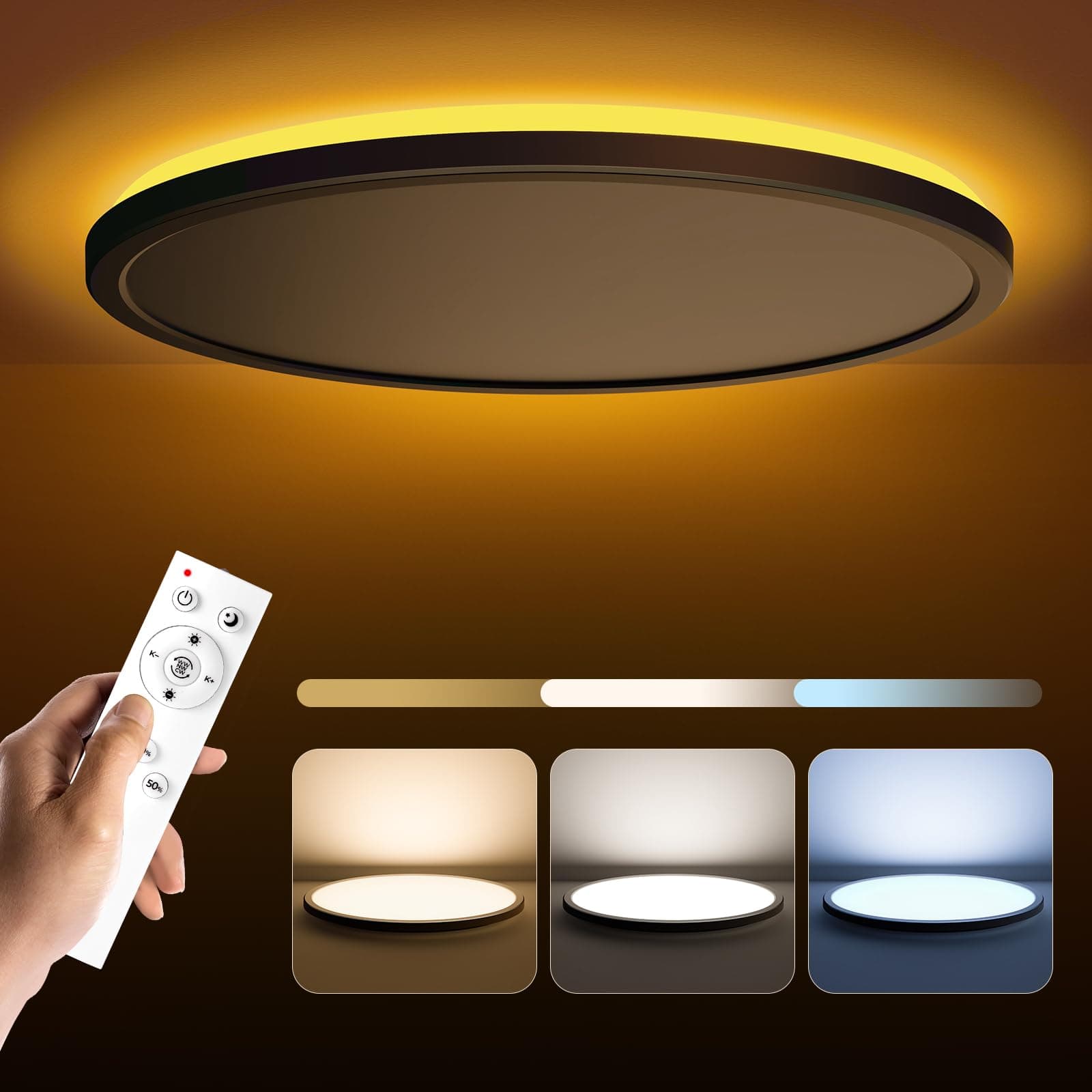 Matane 15.4in LED Flush Mount Ceiling Light Fixture with Remote, 2000K Warm Nightlight, Dimmable 3000K-6500K Low Profile Ceiling Lights for Bedroom, Living Room, 3600LM Black