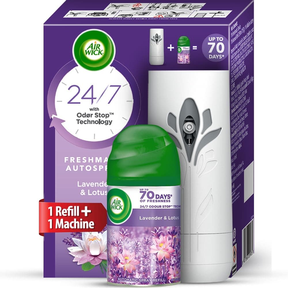 Air Wick 250 ml - Lavender & Lotus, Refill + Automatic Spray| Freshmatic Air Freshener Kit | 2600 Sprays Guaranteed | Automatic Room Freshener, Bathroom Freshener and Room Spray
