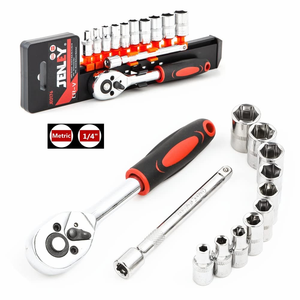 Ratchet Socket Wrench Set 1/4 Inch Drive, Mechanic Tool Kit with 4mm-13mm Metric Sockets, Release Ratchet Handle and Extension bar,Plastic Rack 12-Pieces