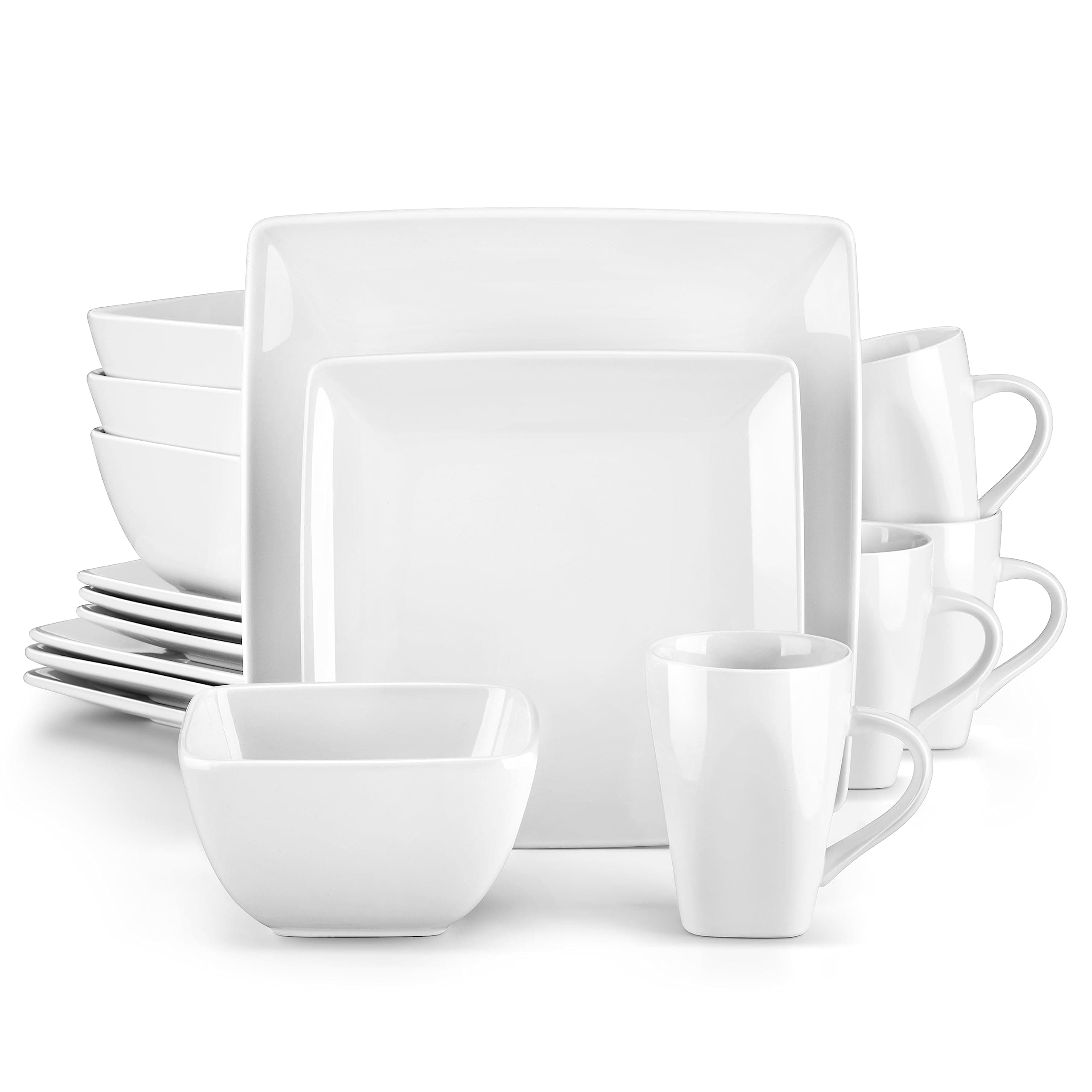 vancasso Plates and Bowls Set, White Dinner Set for 4, Soho Stoneware Dinner Set 16-Piece Square Plates Set with Dinner Plates, Dessert Plates, Bowls and Mugs