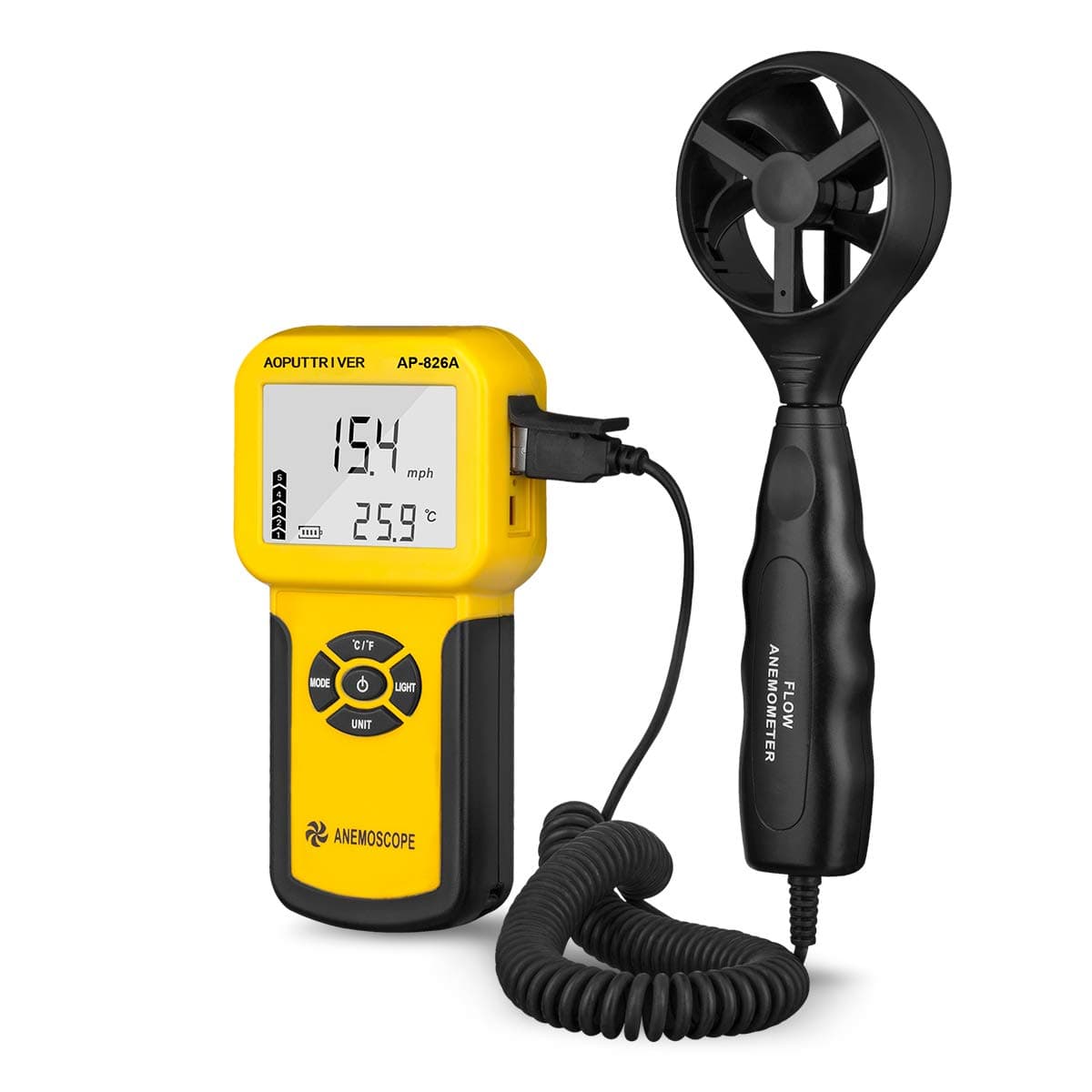 Digital Anemometer Handheld AP-826A Wind Meter with LCD Back Light Display for Air Velocity, Air Flow, Temperature, Max/Average/Current and Real Time Measure which with a Vane