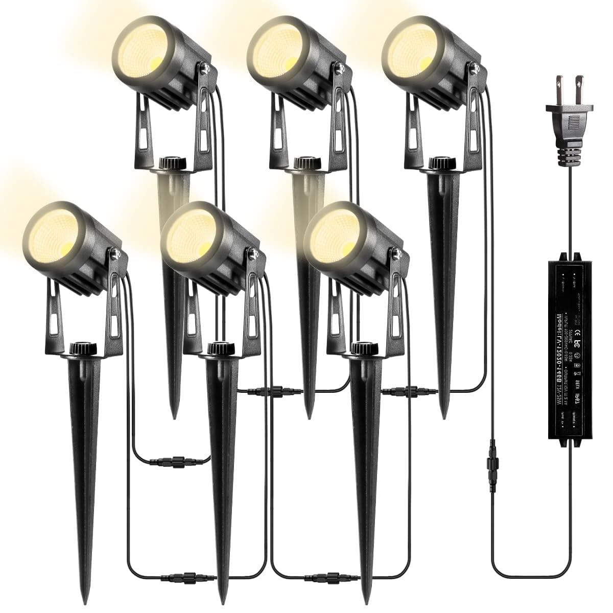 Landscape Lighting, 3W 12V Extendable Low Voltage 6 in 1 Landscape Lights with Transformer IP65 Waterproof 1800 Lumen Outdoor Spotlight for Garden Walls Trees Flag Pathway, Warm White