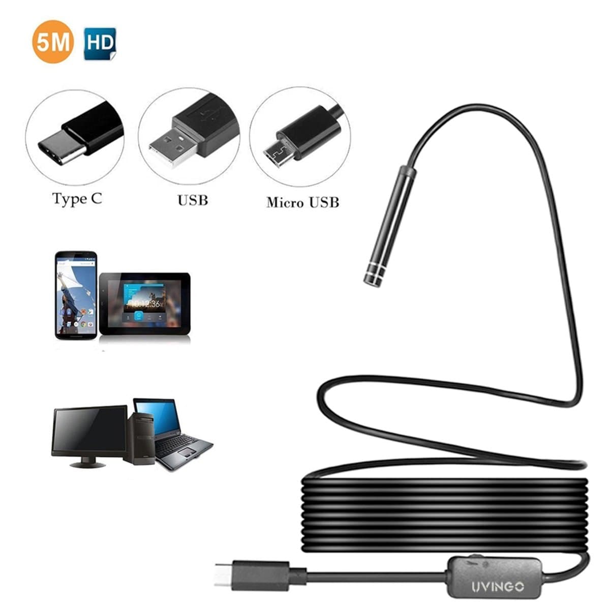 USB Endoscope, UVINGO Semi-rigid Borescope Inspection Camera HD 3 in 1 USB/Micro USB/Type C Tube Pipe Camera, Waterproof IP67 5.5mm Snake Flexible Camera with 6 Adjustable Led Light