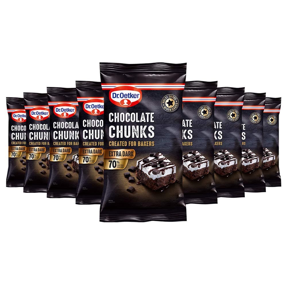 Dr. Oetker Extra Dark Chocolate Chunks, 100g each, Pack of 9 - large cooking chocolate chip sprinkles for cakes, cupcakes, decorations, sprinkles on birthday cakes