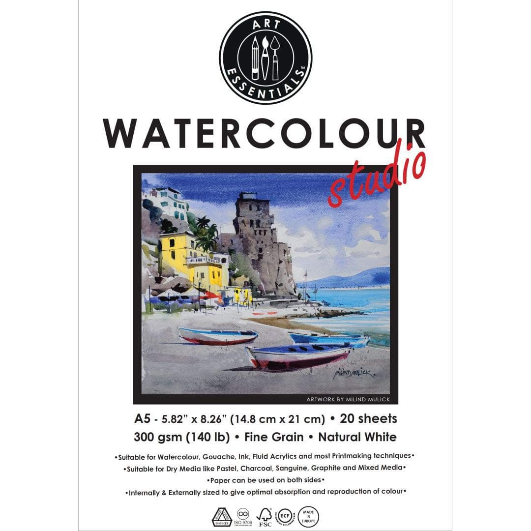 Art Essentials Watercolor Studio Natural White Medium Surface 300 GSM Paper, Pack of 20, A5, Acid Free Papers for Water Color, Gouache, Poster Colour, Ink, Acrylic, Mixed Media, Art Painting, Drawing