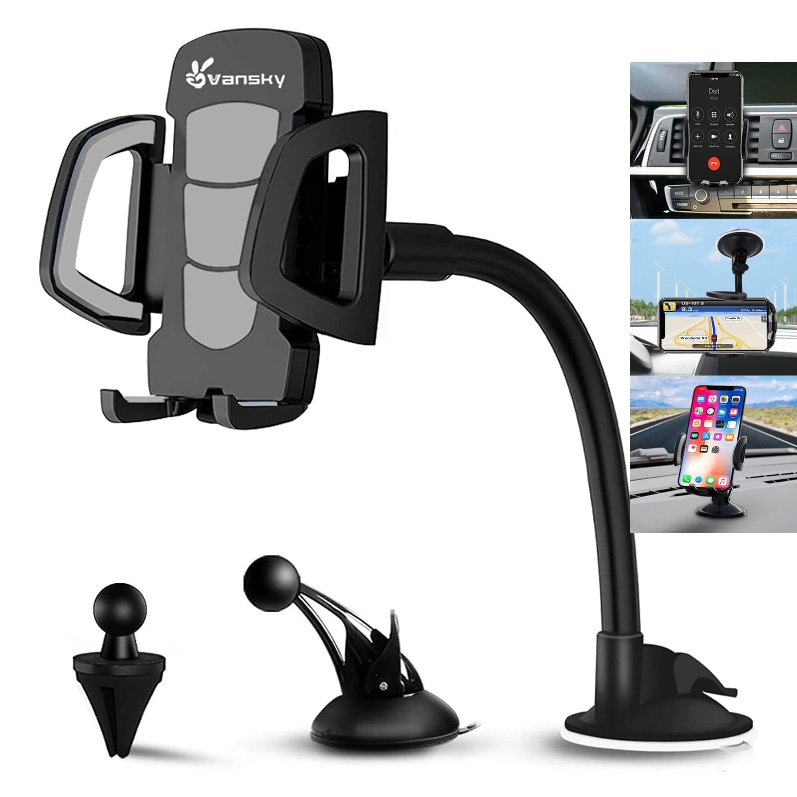 3-in-1 Universal Car Phone Mount - Dashboard, Windshield, Air Vent Holder for iPhone Xs Max, Samsung, LG, Sony & More