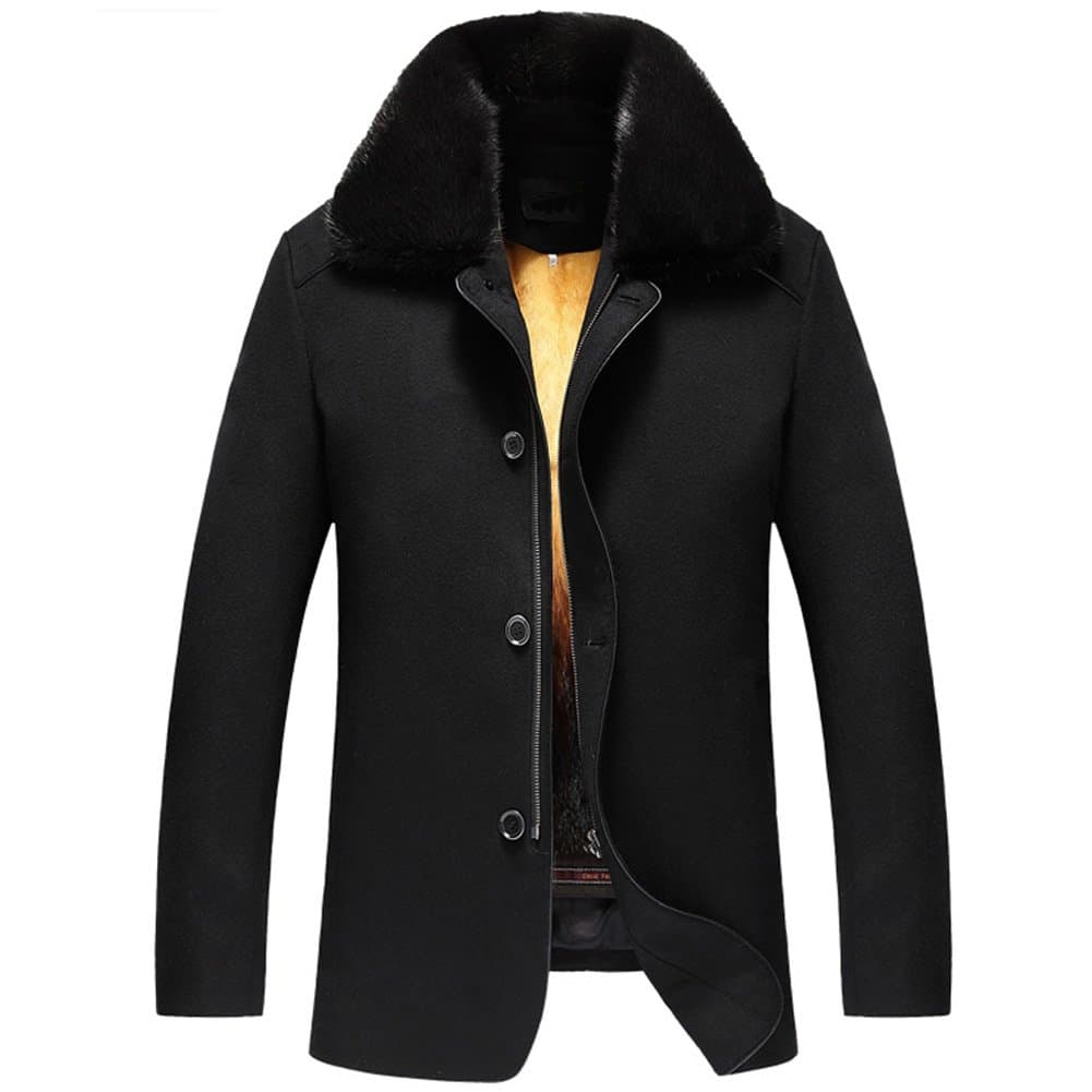 Men s Winter Mink Fur Lined Coat Wool Shell Outwear Black Romovable Mink Fur Lined Parka Luxe Genuine Fur Coat TJ12 (XXL, Black)