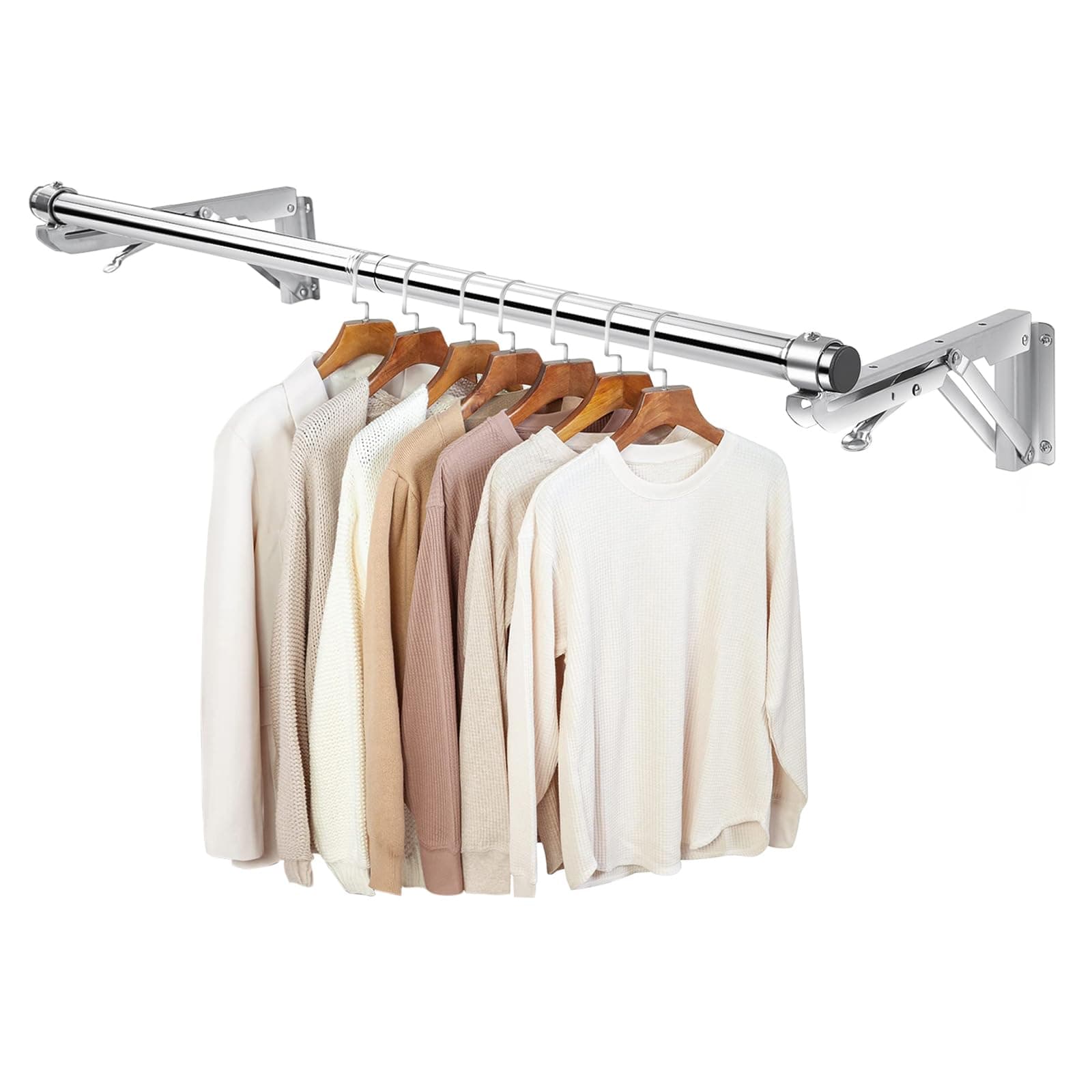 Foldable Wall Mounted Clothes Rack-30'' Long Rod&2 Thick Bases,Stainless Steel,Multi-Purpose for Space-Saving Garment Rack/Clothes Drying Rack/Clothes Hanger,Detachable and Top Shelf Room Reserved