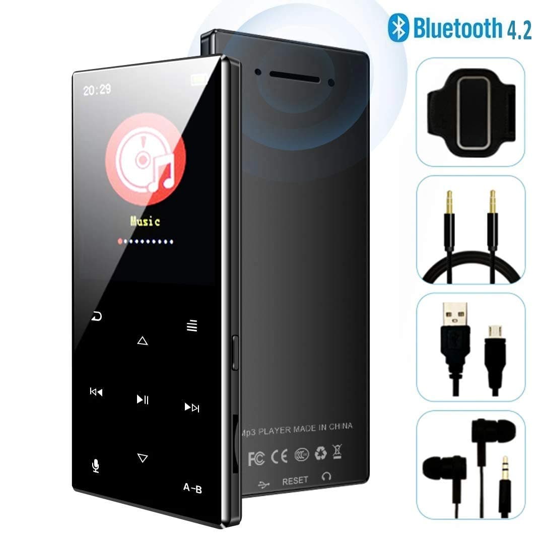 MP3 Player - 2019 New Updated Model, Bluetooth 4.2 Metal Touch Button Sports Music Player, 65 Hours Playback, Build in Speaker, HiFi Sound Voice Recorder FM Radio, Expandable 128GB TF Card (H29Black)