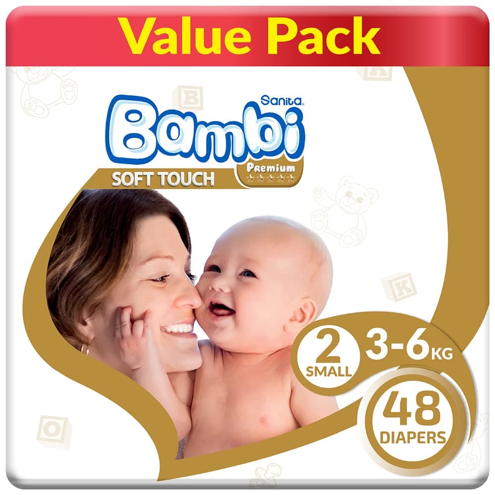 Sanita Bambi Baby Diapers Value Pack Size 2, Small, 3-6 Kg, 48 Count