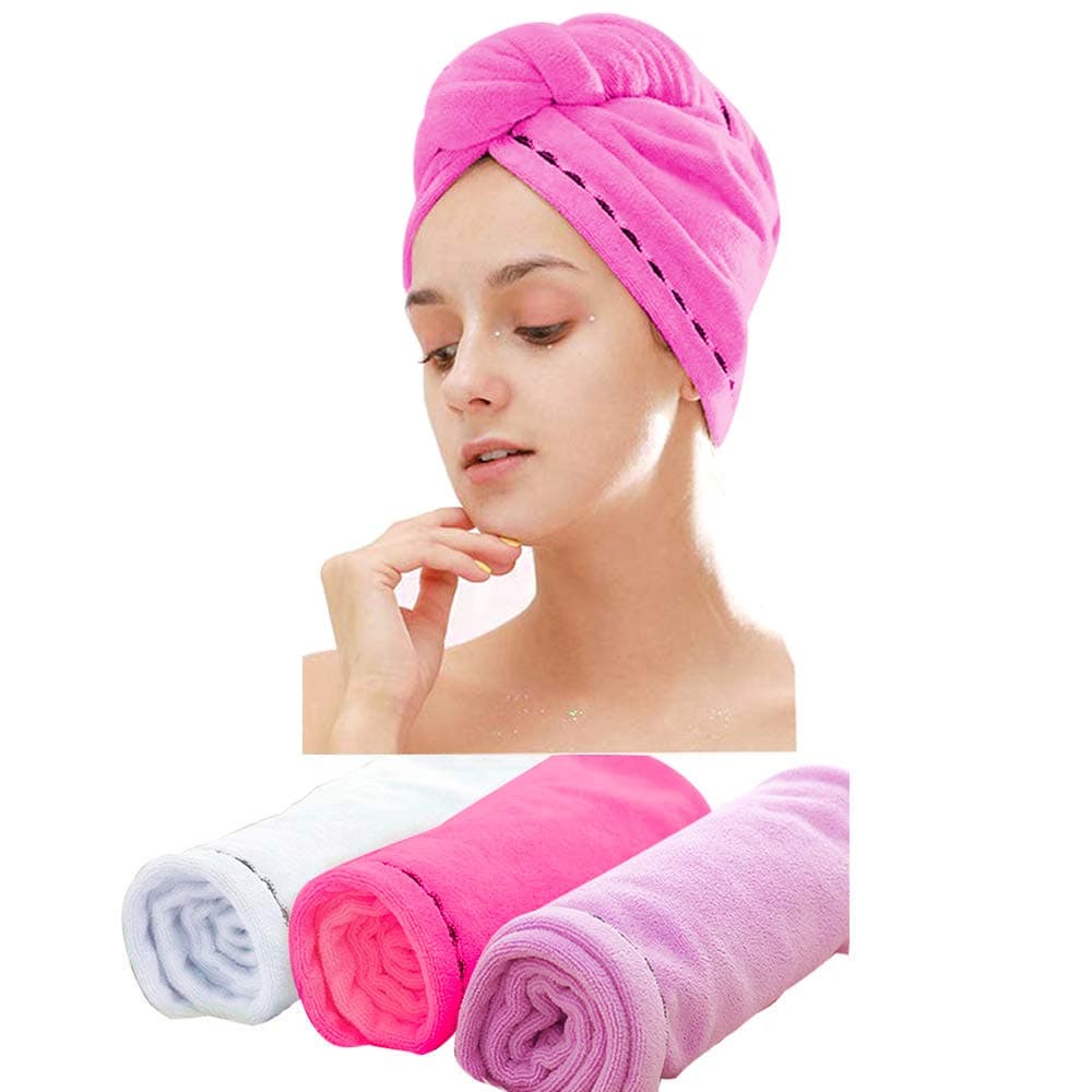 Laicky 3 Pack Microfiber Hair Drying Towel Wrap Super Absorbent Twist Turban Dry Hair Caps with Buttons Bath Loop Fasten Salon Dry Hair Hat (White-Red-Purple)