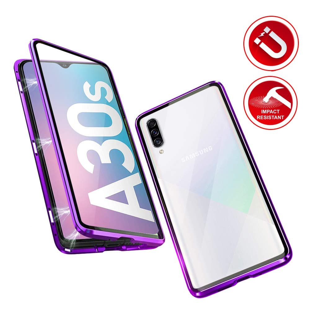 DoubTech Case for Samsung Galaxy A50 / A30s Magnetic Adsorption Tech 360 Degree Protection Cover Haptic Tempered Glass Strong Magnets Aluminum Frame Shockproof Metal Flip Case